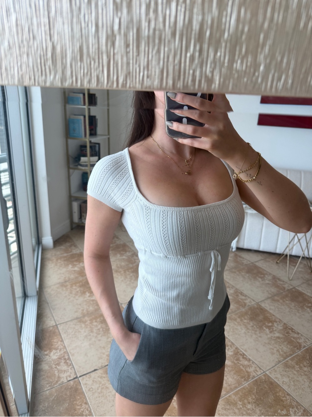 Hollister Cream Ribbed Scoop-Neck Drawstring Waist Top